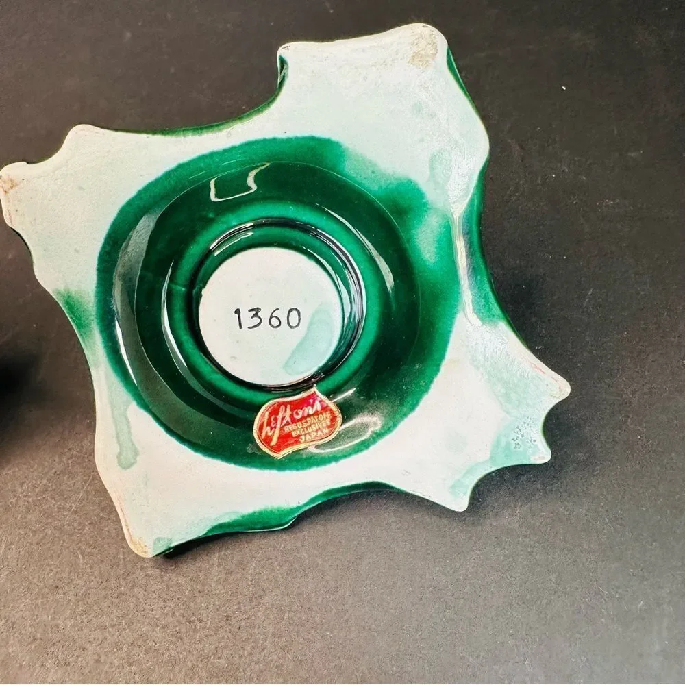 Lefton Pair Of VTG Green Holly‎ Berry Square Candle Holders